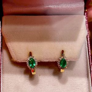 Colombian Emerald & Diamond Hoops in 14k Yellow Gold